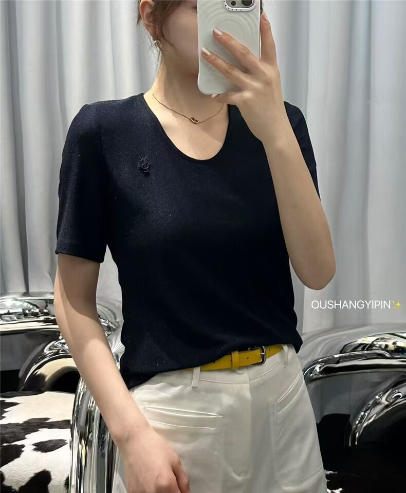 欧货简约显瘦百搭圆领短袖V领图片