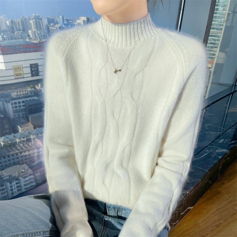 100%纯羊毛衫女半高领加厚立体扭花针织衫毛衣宽松慵懒羊绒衫上衣,女装羊绒衫,昭美羊绒