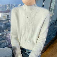 100%纯羊毛衫女半高领加厚立体扭花针织衫毛衣宽松慵懒羊绒衫上衣，女装羊绒衫，昭美羊绒