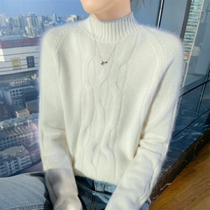 100%纯羊毛衫女半高领加厚立体扭花针织衫毛衣宽松慵懒羊绒衫上衣图片