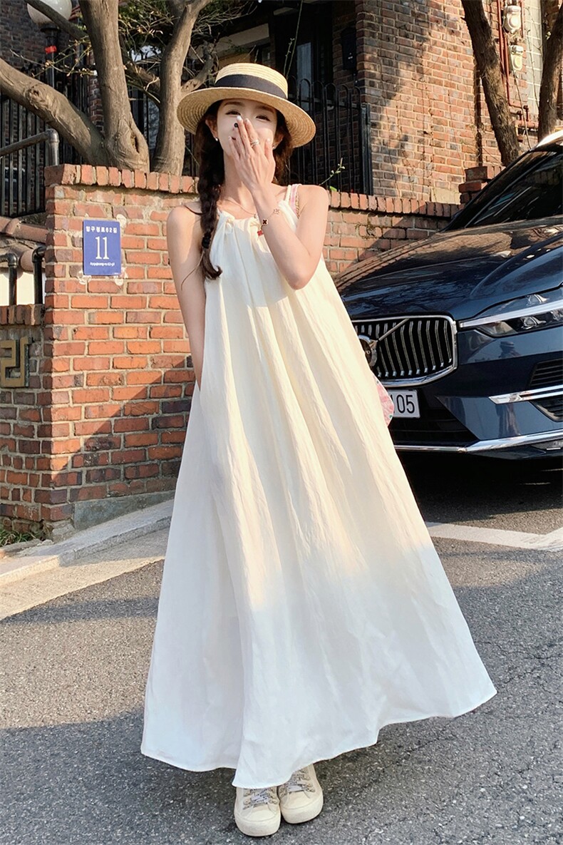 挂脖领露肩无袖连衣裙女夏2024新款设计感麻绳慵懒宽松显瘦长裙子,女装连衣裙,诺蝶