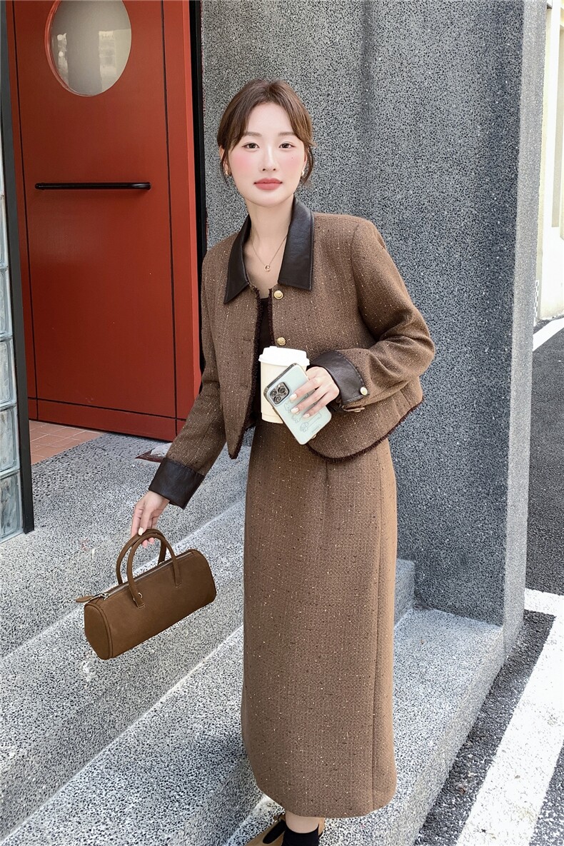 小香风PU皮翻领咖色毛呢半身裙套装女秋冬加棉加厚大方得体两件套,女装套装/套裙,1D102-1