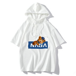 LD54247-P45 NASA连帽短袖t恤男大码胖子带帽五分袖中袖图片
