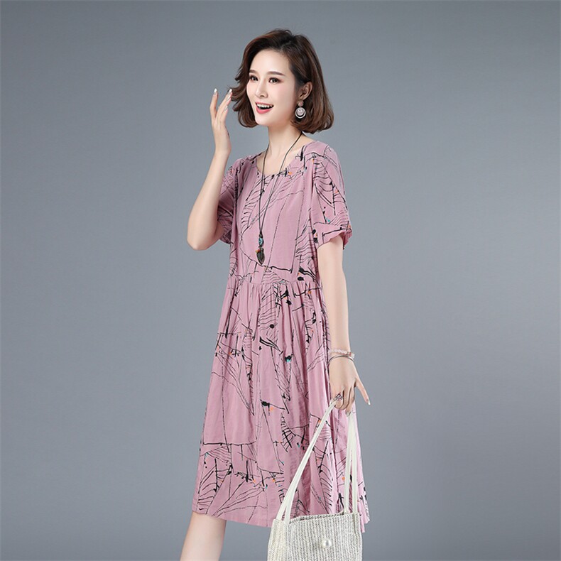 2021年夏季通勤中长款A字裙立体装饰短袖韩版40-49周岁裙子，女装连衣裙，伊满意