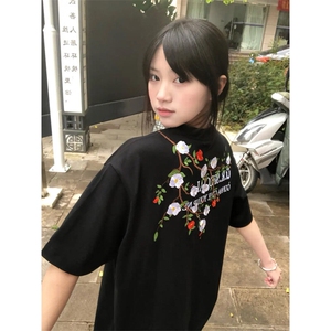 DX88LL-特P38 花卉刺绣印花纯棉短袖t恤夏季cleanfit潮牌半袖图片