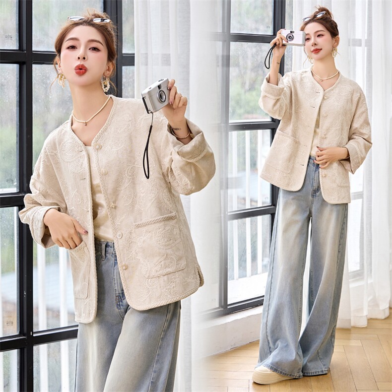 2025年开春季新款文艺棉麻刺绣花高级感新中式国风春秋短款外套女，女装短外套，瑶迪依秀