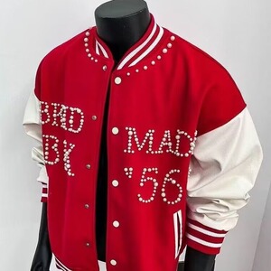 美式复古棒球服外套春秋新款珍珠钉珠宽松百搭潮牌夹克男女小个子图片