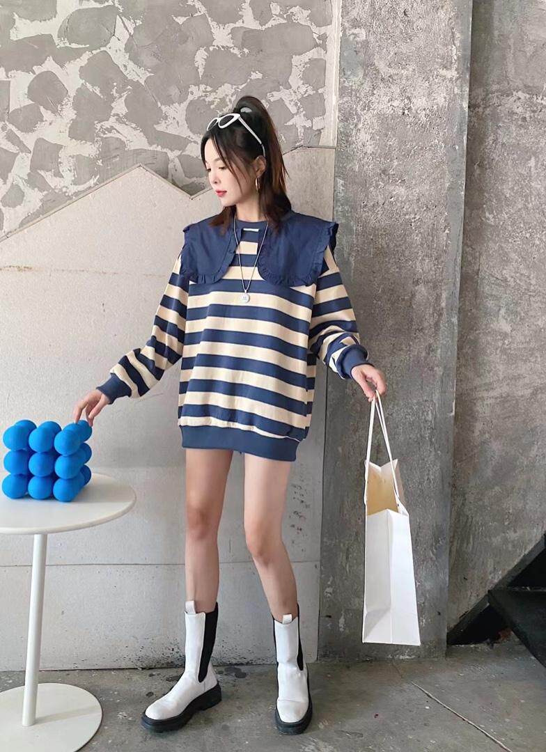 爱美欧现货条纹大领子卫衣，女装卫衣/绒衫，爱美欧