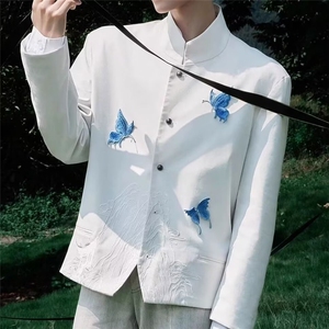 秋男立领西装单排扣中山装西服蝴蝶纹路刺绣垫肩外套JK087 P75图片
