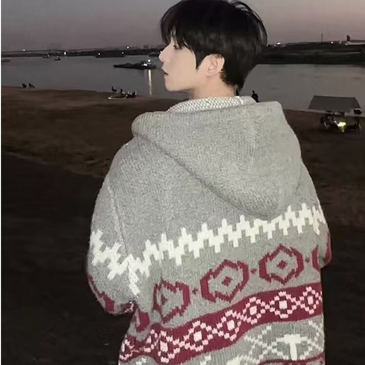 濮院针织衫慵懒宽松休闲提花连帽毛衣绣花氛围感针织开衫LF488p85,男装针织衫/毛衣,电商D256-2(原A064-2)