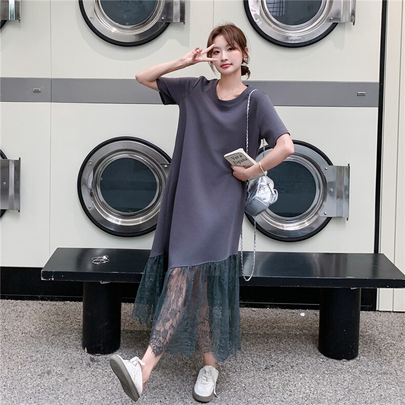 减龄气质感蕾丝拼接灰色卫衣连衣裙女夏2025新款爆款甜美超火长裙,女装连衣裙,2C272