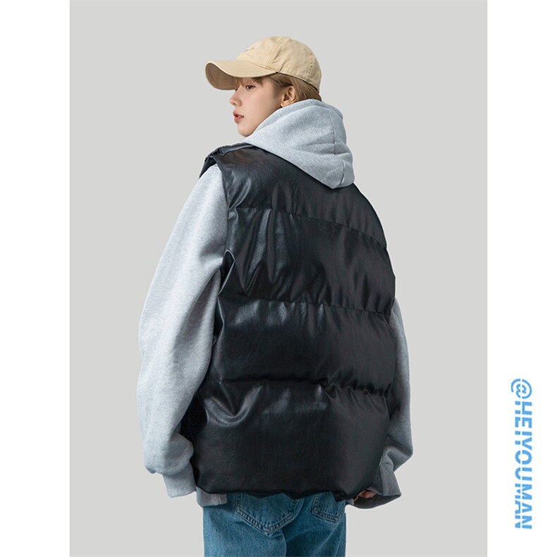 美式复古PU皮马甲棉服男女冬季潮牌宽松加厚立领坎肩外套HY22P85,男装棉衣,电商A102B
