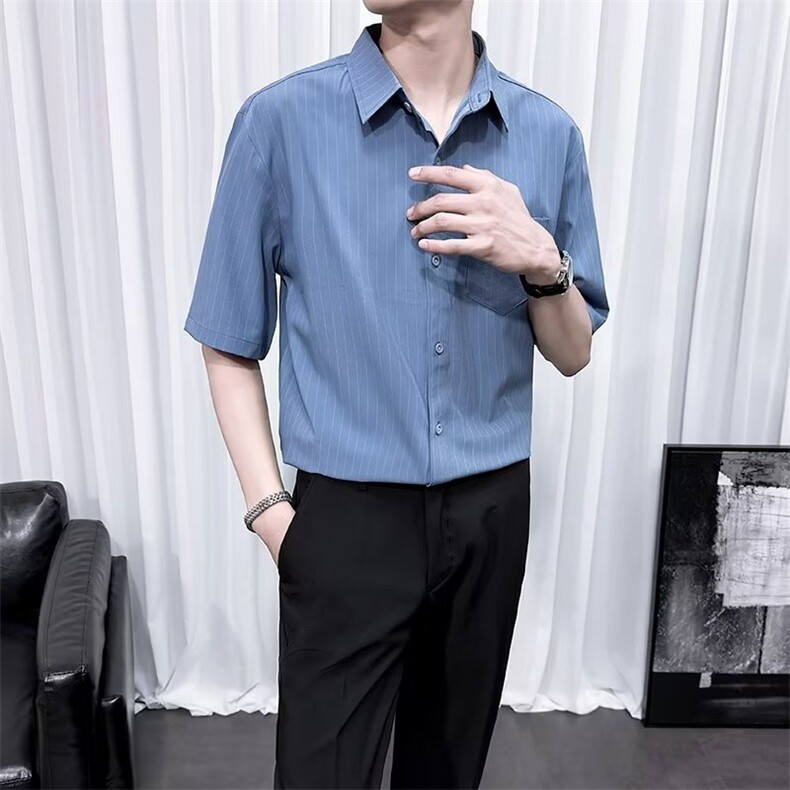夏季轻熟风短袖条纹衬衫男痞帅黑色上衣男士韩版慵懒风衬衣D8,男装衬衫,星座1116A-2（原606A-1）