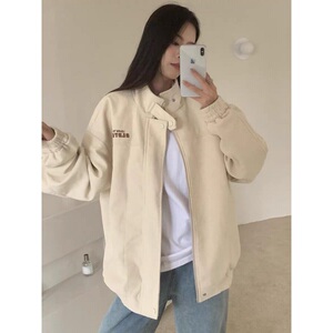 春秋季杏色立领工装灯芯绒夹克男女宽松百搭休闲运动外套 JKW21图片