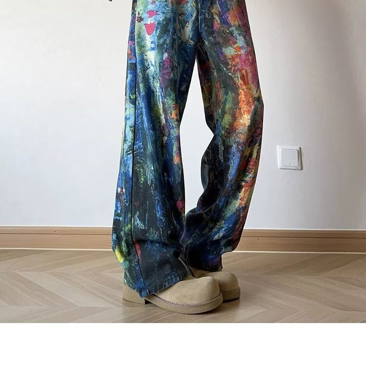 美式复古水洗泼墨油画调色盘牛仔裤男女2025春辣妹3D彩印拖地长裤,男装牛仔裤,星座1210-1