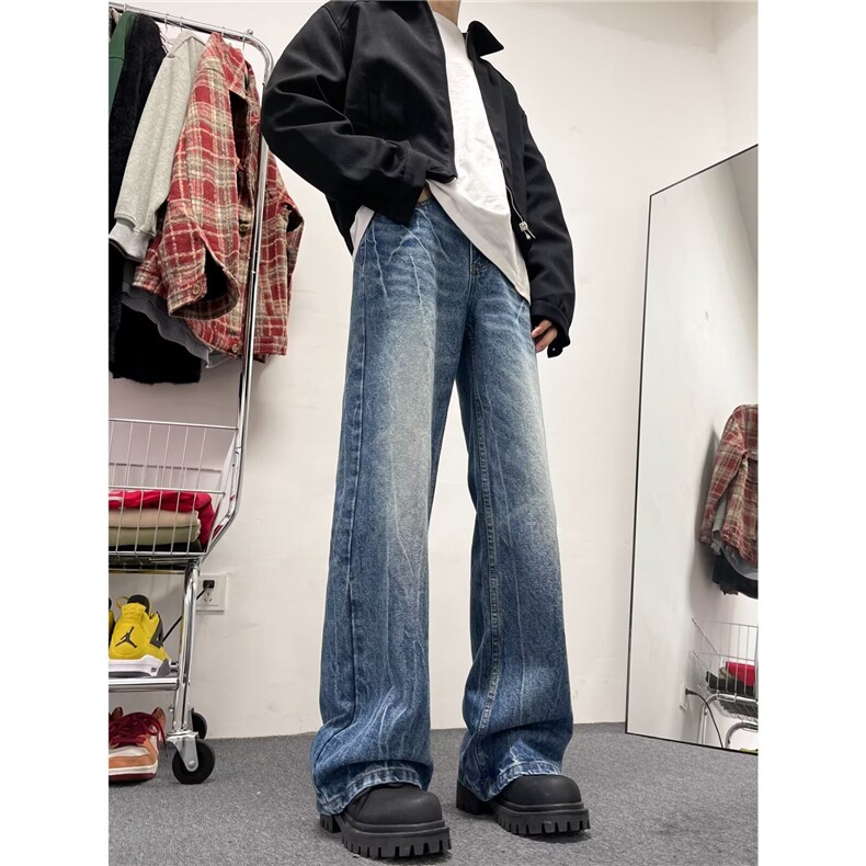 美式高街vibe闪电爆裂纹蓝色牛仔裤男女潮直筒微喇显瘦裤子-NK039,男装牛仔裤,星座601-2
