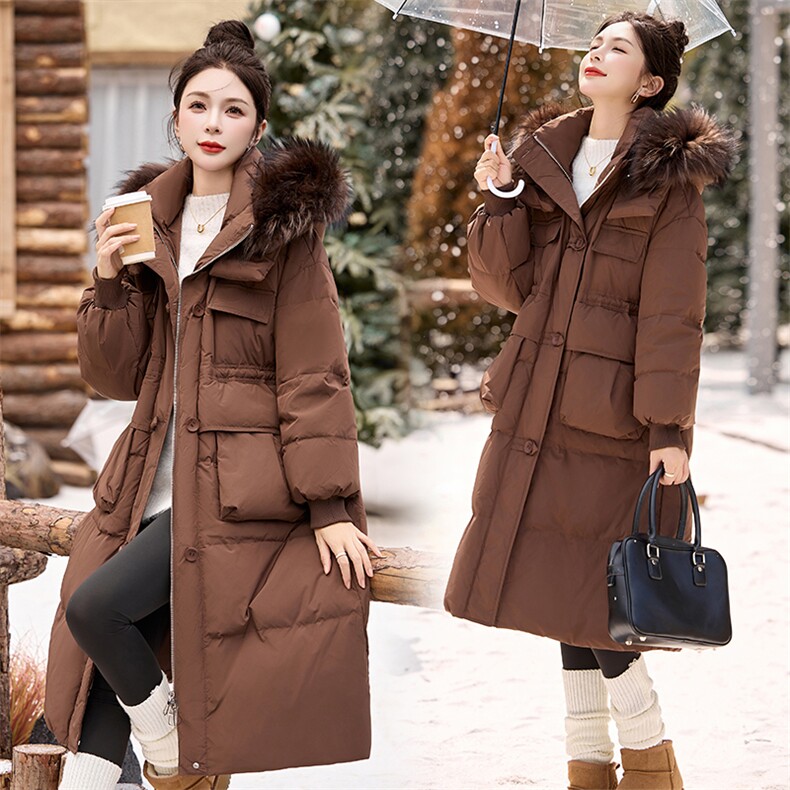 现货白鸭绒羽绒服女2024新款冬季保暖极简百搭连帽中长款外套，女装羽绒服，然然