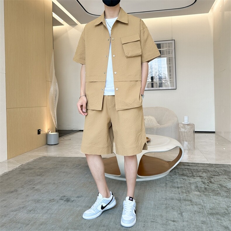 夏季套装男高品潮牌五分袖衬衫短裤大码两件套DSA157B-C73-P80,男装衬衫,电商A157B