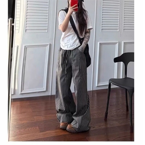 青少年美式复古条纹慵懒宽松垂感休闲阔腿裤男女直筒高级感拖地裤图片