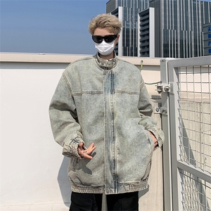 美式水洗做旧牛仔夹克男秋季发型师潮牌立领上衣重工外套图片