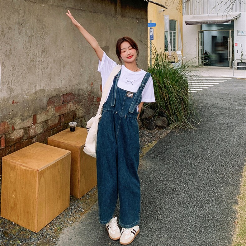 2023夏季新款休闲宽松显瘦牛仔松紧背带裤?纯色短袖T恤两件套女,女装连体裤,辉之琳