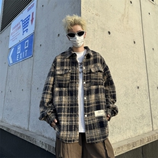 港风秋款男条纹格子夹克贴标宽松衬衫休闲外套JK0027P55，男装夹克，星座1013-1