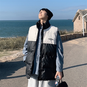 2026秋冬装羽绒棉马甲男加厚拼色立领PU皮坎肩 MJ17588/P85 白色5图片