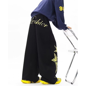 花灰色小狗刺绣拼接休闲裤男女秋季垂感宽松阔腿裤百搭 KA8070图片