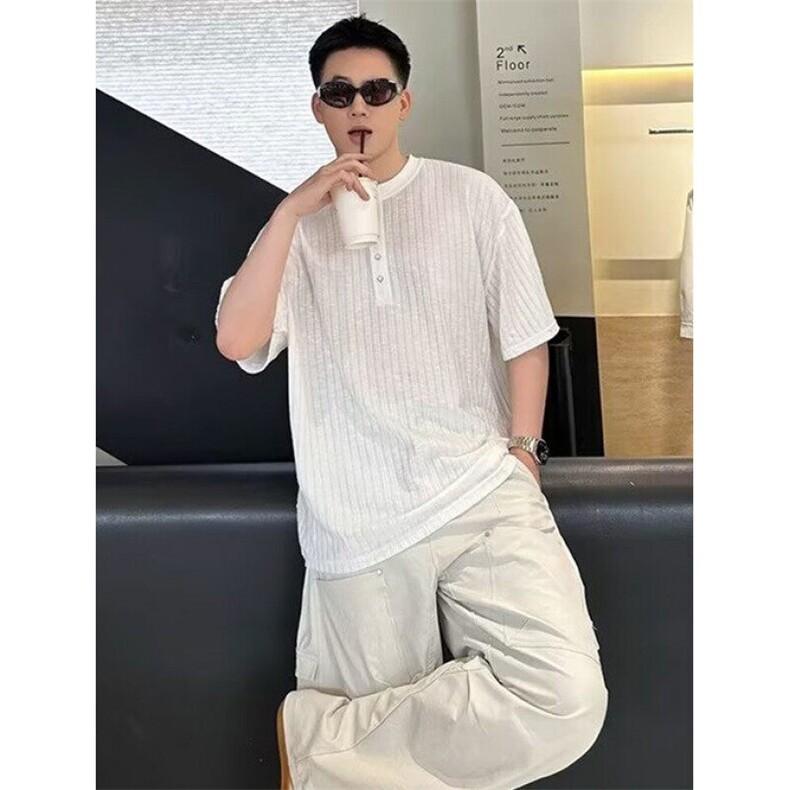 夏季美式肌理感亨利领T恤休闲宽松百搭薄款透气短袖男TA136,男装T恤,星座1116A（原606A-3）