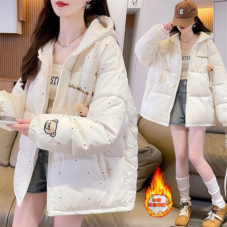 CC078-P130 挂件小熊连帽棉服女冬季减龄波点宽松加厚保暖面包服图片