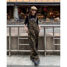美式复古高街豹纹牛仔背带裤男女夏季宽松设计感直筒裤N6122-p68，男装休闲裤，星座1008