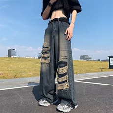 2024破洞牛仔裤男秋季复古水洗做旧阔腿裤宽松直筒休闲NZ093-P50，男装牛仔裤，星座1103-2