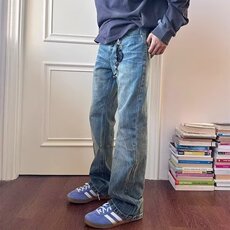 猫须竹节纹水洗蓝色牛仔裤男款休闲百搭宽松直筒微喇长裤NZA263，男装牛仔裤，星座516A