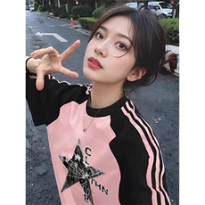 夏季美式高街重磅纯棉三条杠织带插肩撞色男女短袖T恤CZ150-特P25，男装T恤，电商A486