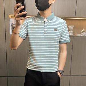 PL041-P40新款男士短袖条纹polo衫夏季薄款t恤潮流时尚高级感翻,七分宽腿裤搭配男士图片