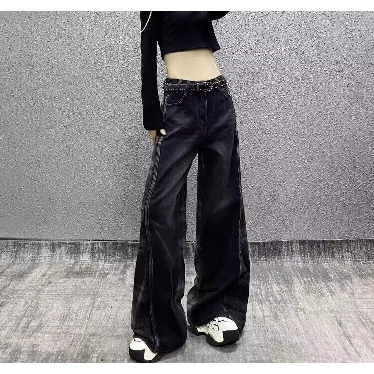 KU41-P60美式复古格纹撞色拼接牛仔裤女春季新款宽松垂感阔腿,男装牛仔裤,电商B323A