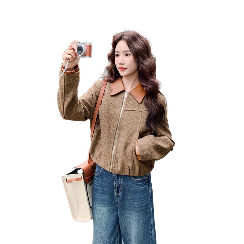 美拉德棕色复古麂皮绒外套女2025秋季巨好看高级感拼皮翻领夹克,女装短外套,2C126