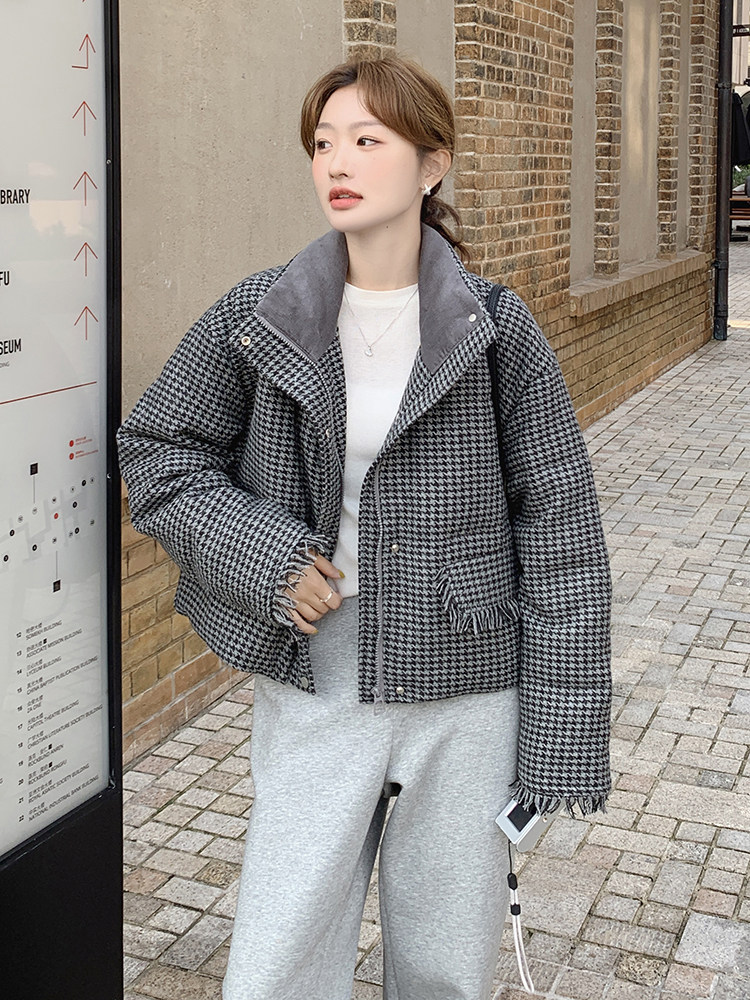 小香风千鸟格立领羽绒服女小个子2024冬季新款加厚爆款白鸭绒外套,女装羽绒服,慧峰