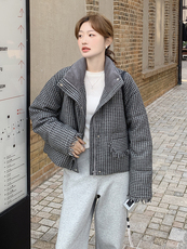 小香风千鸟格立领羽绒服女小个子2024冬季新款加厚爆款白鸭绒外套，女装羽绒服，慧峰