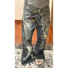 美式糖果链条3D印花牛仔裤男女宽松潮弯刀阔腿裤子LN70166-P54，男装牛仔裤，星座1008