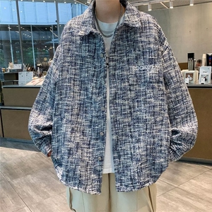 小香风格子编织衬衫外套男宽松撞色刺绣春秋款情侣上衣C09278-P55图片