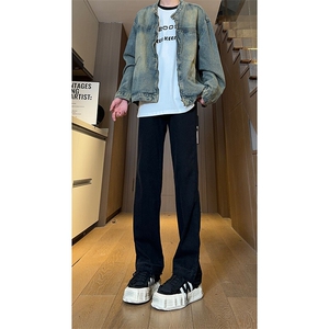 现货 黑色拉链毛边美式修身直筒高街牛仔裤男 K5813-P50 控78图片
