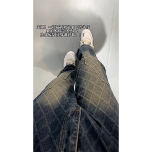 B221美式ins高街小众格子提花直筒牛仔裤 LK24382-特P52控88图片
