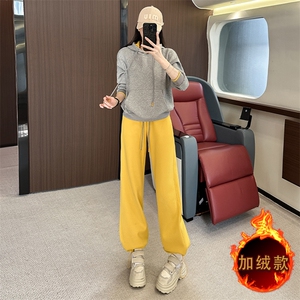 女秋冬加绒撞色连帽卫衣阔腿裤两件套图片
