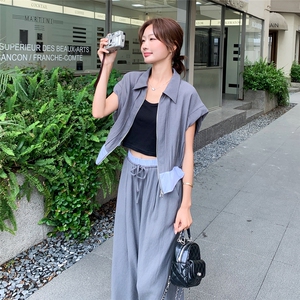休闲工装灰色上衣阔腿裤套装女夏季大方得体穿搭松弛感两件套爆款图片
