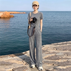 时髦洋气亮闪闪重工阔腿裤套装女夏季慵懒风修身显瘦短袖两件套潮，女装套装/套裙，江南