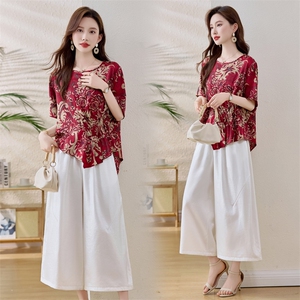高级感气质减龄妈妈套装女2025夏季新款印花小衫上衣阔腿裤两件套，女装套装/套裙，魅衣本色