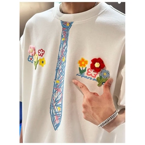 春秋季美式衬衫领假两件卫衣男潮流情侣装宽松字母刺绣上衣图片