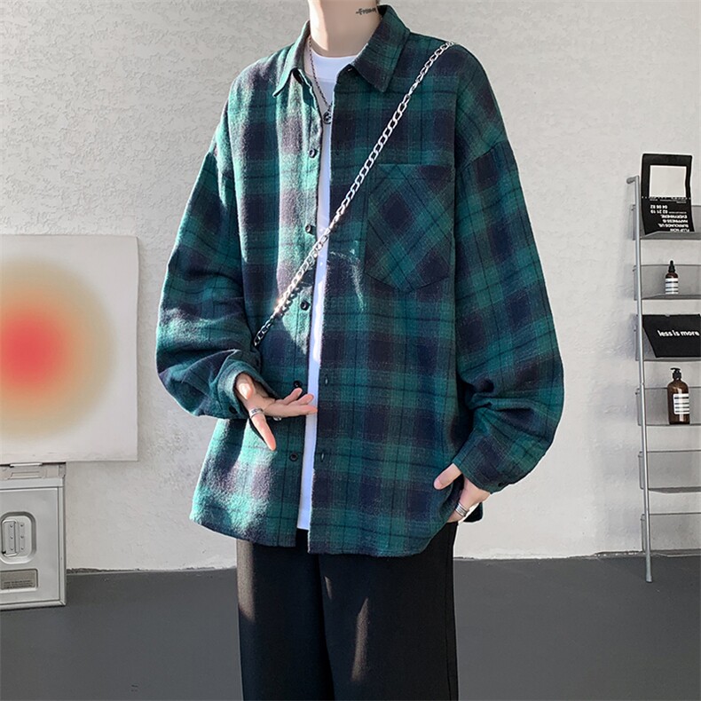 衬衫男秋季新款港风宽松大码磨毛格子长袖衬衣CS6638-特P29,男装衬衫,星座214-3