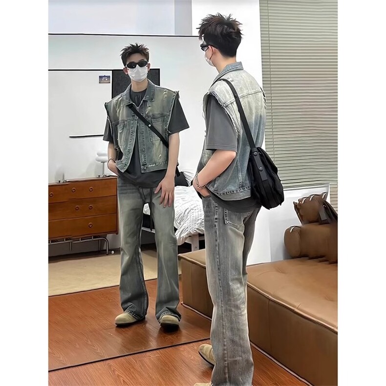 美式复古水洗磨毛边短款牛仔马甲男无袖宽松夏季潮流帅气坎肩上衣,男装背心/马甲,星座1210-1